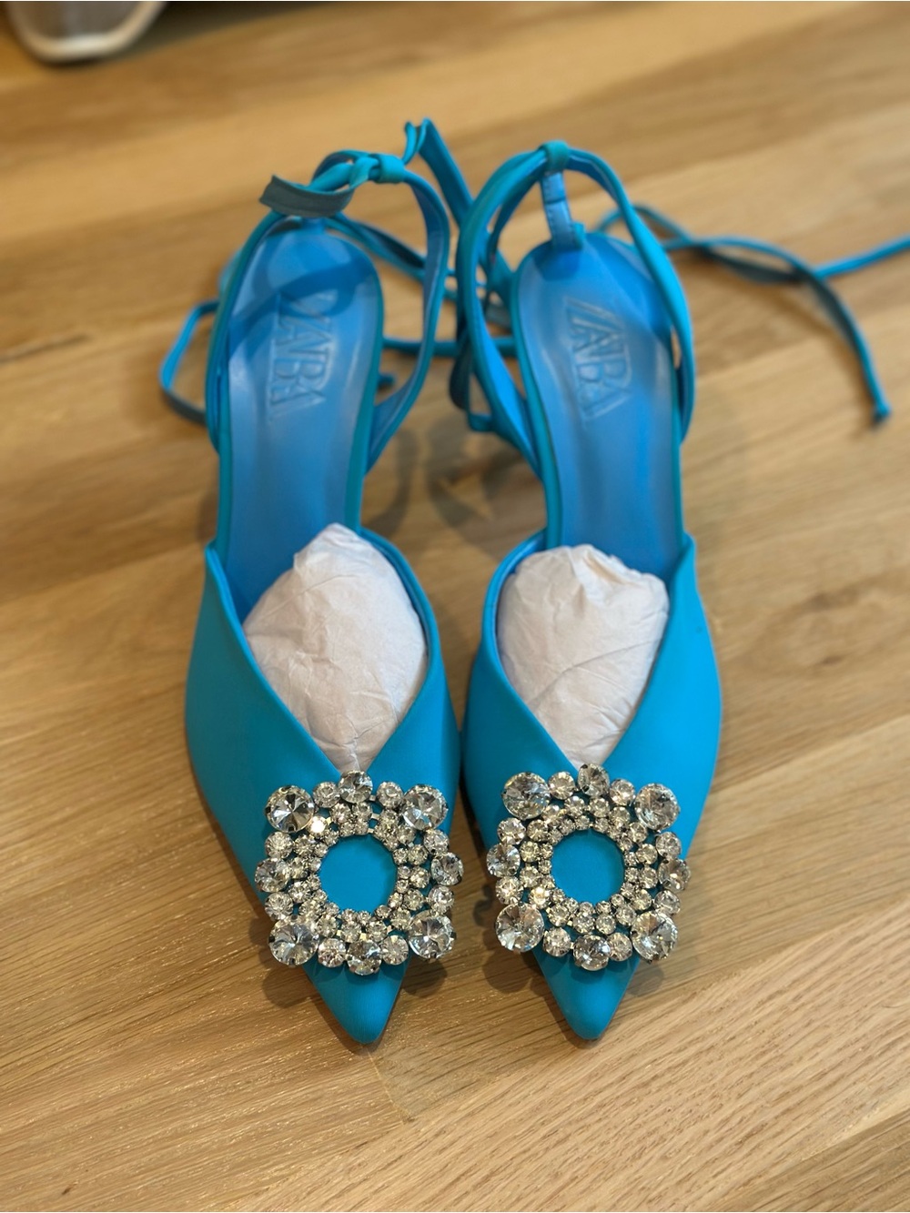 Zara Blue Rhinestone Lace-Up Pointed Toe Heels Size 39